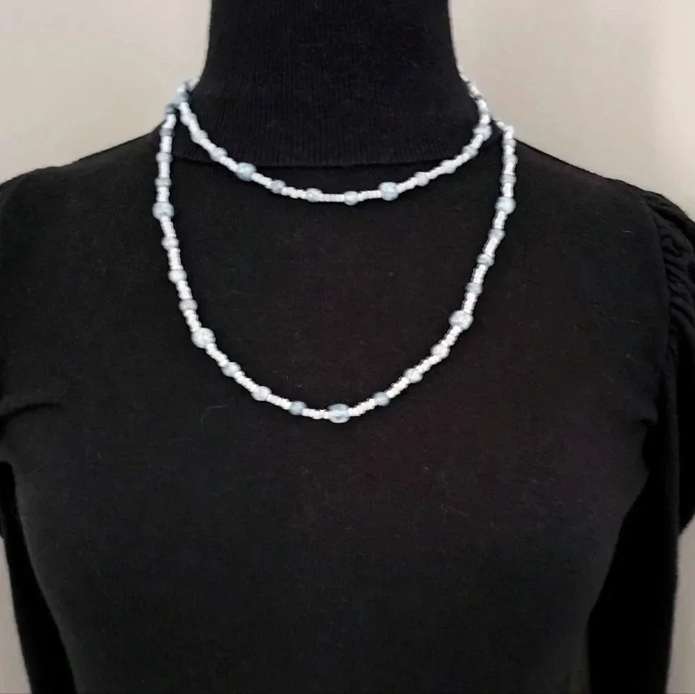 Blue Gray White Glass Beaded long Necklace 23